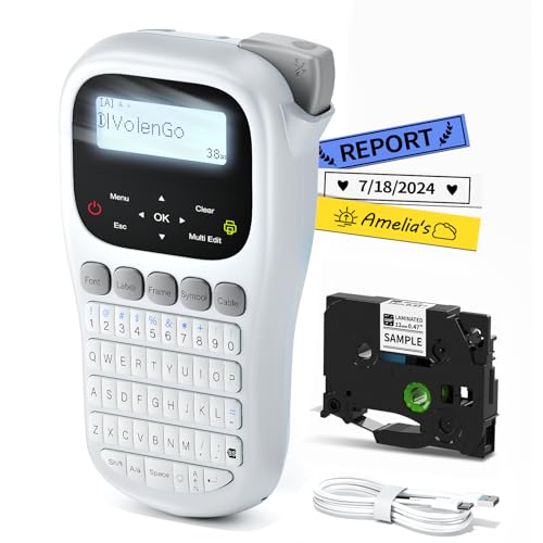 VolenGo Label Maker Machine with 12mm Laminated-Tape, Handheld Label Printer with Cable-Qwerty Keyboard, Backlit LCD Label Maker for Industrial Office Home,White