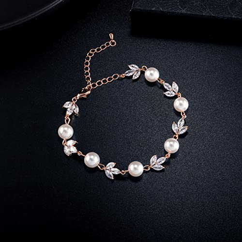 Uilz Wedding Bracelets For Women Brides Bridesmaid,Sparkling Cubic Zirconia Pearls Gold Tennis Bracelet For Women Girls,Bridesmaid Jewelry Wedding Gift(Rose Gold) #TOP4
