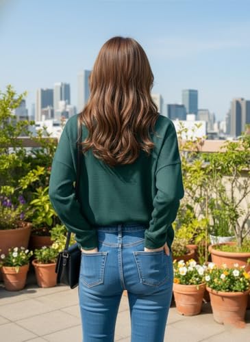 Image of Zilcon Full Sleeve Waffle (Wool) Oversized Tshirt for Women, Button Down Neck Longline Drop Shoulder Sweatshirt for Women