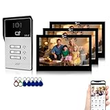 Sistema de videoportero de 4 cables para viviendas de 3 unidades, kit de portero automático con pantalla táctil de 7 pulgadas con desbloqueo 3 en 1, audio bidireccional, monitorización (Negro)