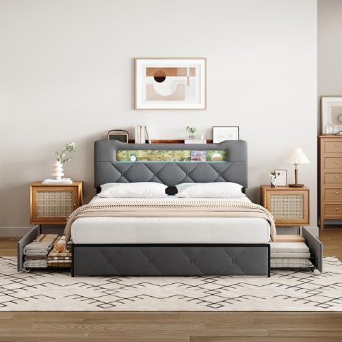 Polsterbett Doppelbett 140x200cm mit Stauraum, Stauraumbett mit 4 Schubladen, Jugendbett mit LED und USB, Schlafzimmer Bett, Gepolstertes Bettgestell mit Lattenrost, Samt (Grau, 140x200cm) – Bild 7