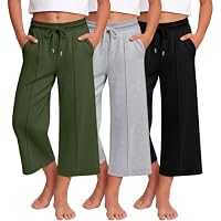 3-Pack LessonZoo Girls Uniform Wide Leg Drawstring Capri Pants with Pockets (Army Green, Light Heather Gray, Black)