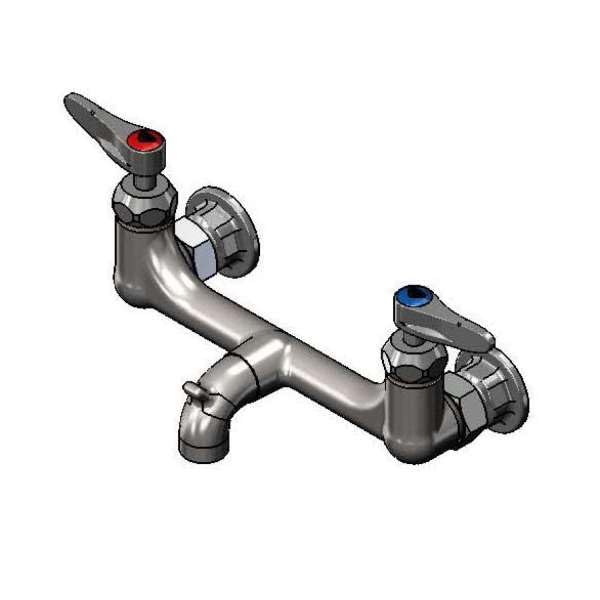 T&S Brass B-0672-CR-RGH - Grifo de fregadero de servicio, montaje en pared de 8 pulgadas, cerámica CV, gancho de cubo, salida de extremo liso, cromo rugoso