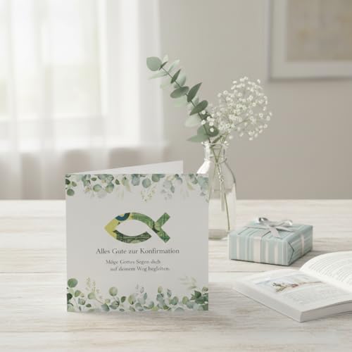 Susan’s Choice Geldgeschenk Konfirmation mit Umschlag – konfirmationsgeschenke mit Motiv Fisch & Eukalyptus - Quadratisch für Jungen & Mädchen, Verpackung Geldgeschenk Konfirmation