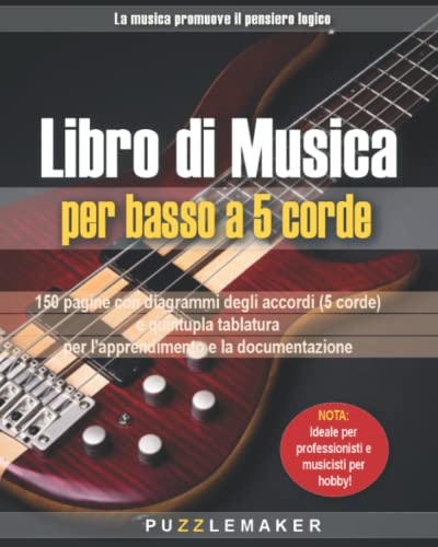 Libro di Musica per basso a 5 corde: 150 pagine con diagrammi degli accordi (5 corde) e quintupla tablatura per l'apprendimento e la documentazione