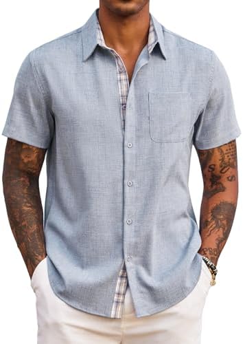 COOFANDY Herren Hemd Kurzarm Sommer Freizeithemd Regular Fit Casual Strand Hemd mit Karierte Hemdleiste