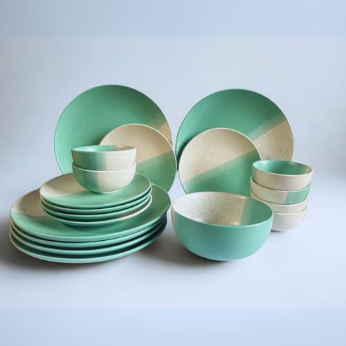 Image of Freakway 19-Piece Ceramic Dinnerware Set | 6 Dinner Plates, 6 Quarter Plates, 6 Bowls & 1 Large Serving Bowl | Dual Mint Green and Beige Color Speckled Design