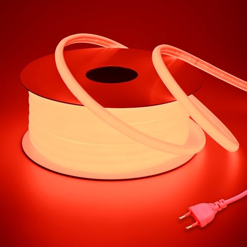 BENLUN 220V Ruban LED COB Exterieur Etanche 20M Rouge, Flex Découpable IP65 Bande LED Étanche Sans Transformateur, Prise Incluse, pour Chantier, Chambre