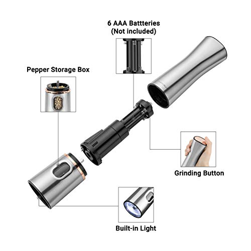 Image of Inkbird Electric Pepper Grinder Mill,Automatic Electric Pepper Grinder,Battery Operated Stainless Steel Pepper Mill Salt Mill with Light,Push Button Adjustable Coarseness