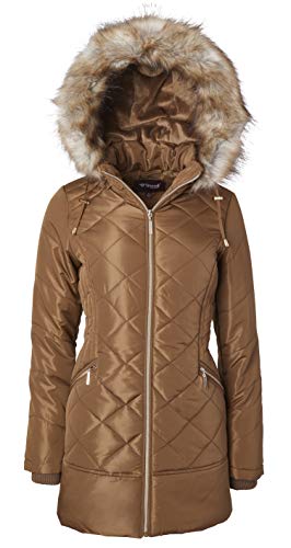 Women Long Down Alternative Winter Puffer Coat Zip-Off Plush Lined Fur Trim Hood - Antique (Medium)