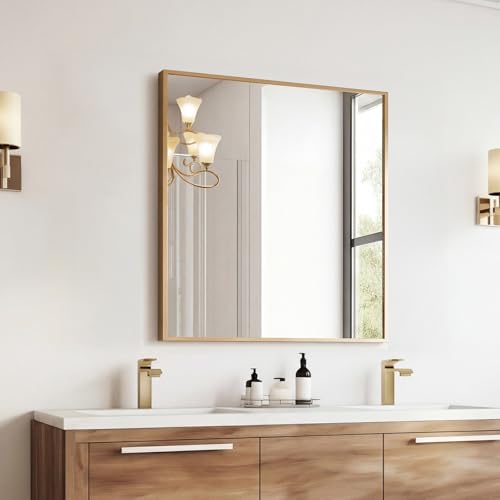 Image of Sweetcrispy Bathroom Mirror for Over Sink, 30 inch x 36 inch Rectangle Wall Mount Mirrors with Metal Frame, Modern Vanity Mirror with Tempered Glass, for Home Decor, Anti-Rust, Gold
