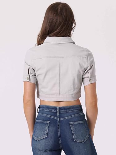 Allegra K Casual Jacket for Women's Short Sleeves Crop Jean Denim Jacket Medium Grey
