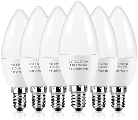 KINDEEP E12 Candelabra LED Light Bulbs, 6W Candle Light Bulbs 60 Watt Equivalent, Daylight White 5000K Ceiling Fan Light Bulbs, 550 Lumens, E12 Candle Base, 6 Pack