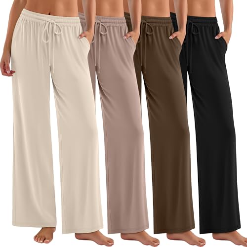 4 Pack Women's Yoga Lounge Pants Wide Leg Sweatpants Loose Jogging Pockets Drawstring Lightweight Pull on Pajamas