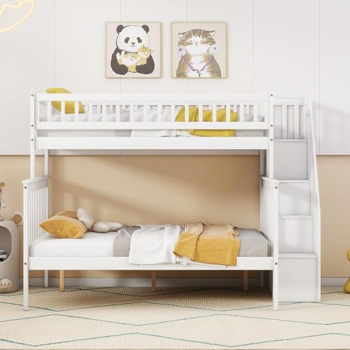 CITYLIGHT Twin Over Full Bunk Beds with Stairs, Wood Bunk Bed with Storage and Guard Rails,Stairway Bunk Beds Twin Over Full Size for Kids, Bedroom, Dorm, Teens, Adults,White