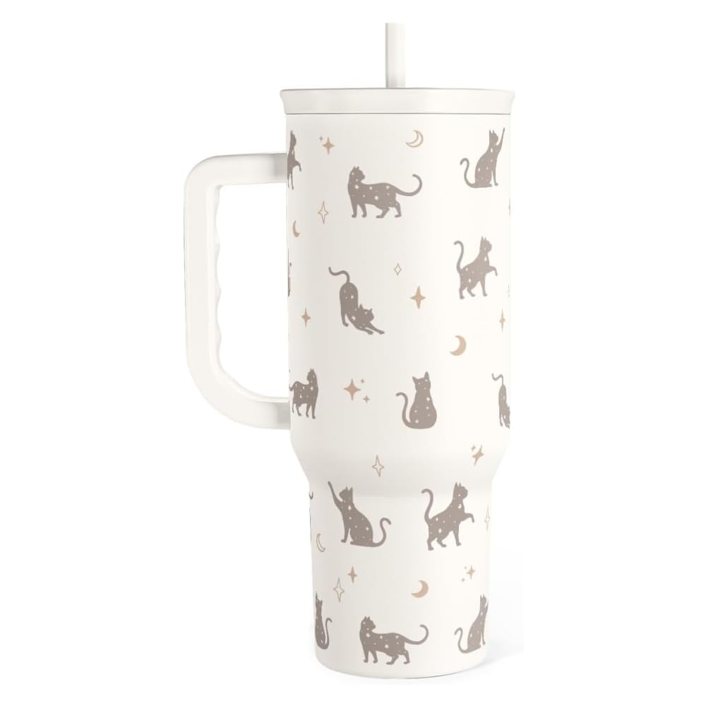 Regalo para los amantes de los gatos, gato mamá, vaso de acero inoxidable de 40 onzas con asa y pajita, taza de café de viaje para mujeres, regalo para cumpleaños, Navidad