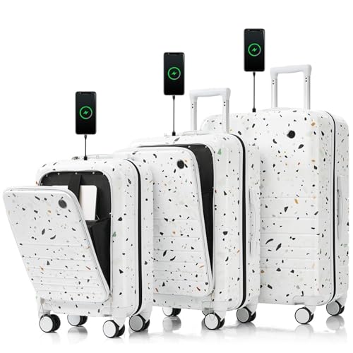 3-Piece Luggage Set with USB Port, 20/24/28 Inch Spinner Wheels, Front Opening Design, Airline Approved Carry-On Suitcases with Cup Holder, Hard Shell for Travel (Ivory + ABS+PC)