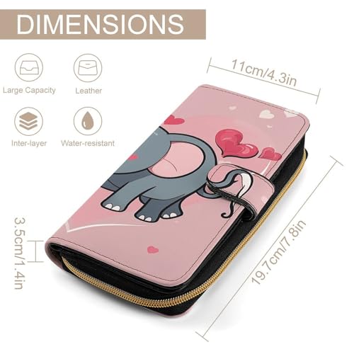 PU Leather Wallet Cute Elephant with Red Heart Print Travel Purse Women's Long Bifold Wallet Ladies Card Holder Purse with Zipper & Snap Closure2
