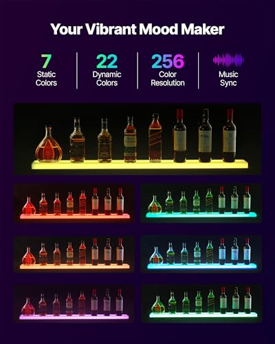 Image of VEVOR LED Lighted Liquor Bottle Display, 1 Tier 48 Inches Whiskey Rack, Supports USB, Illuminated Home Bar Shelf with RF Remote & App Control, 7 Static Colors, Acrylic Lighted Shelf for 12 Bottles