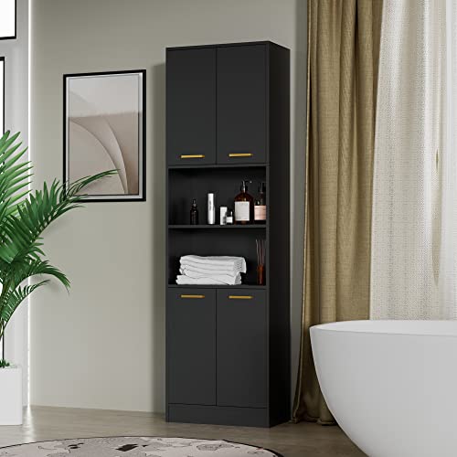Cozy Castle Wood Pantry Cabinet, 75" Freestanding Kitchen Storage Cabinet With Doors And Adjustable Shelves, Storage Cabinet For Kitchen, Bathroom Or Hallway, Black #TOP20