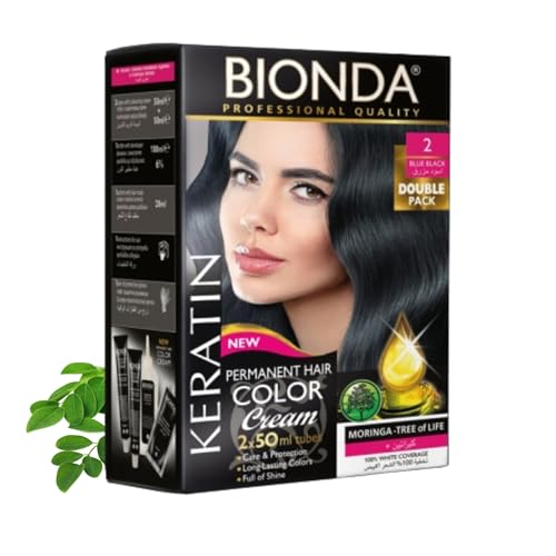 BIONDA Professional Color Cream 2 Tinte permanente para el cabello, azul y negro, 200 ml, paquete doble, queratina y moringa, color intenso y duradero con brillo, cobertura 100% de canas