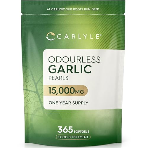 Odourless Garlic Capsules 15 000mg | 365 Count (1 Year Supply) | High Strength Garlic Oil Pearls with Allicin | By Carlyle