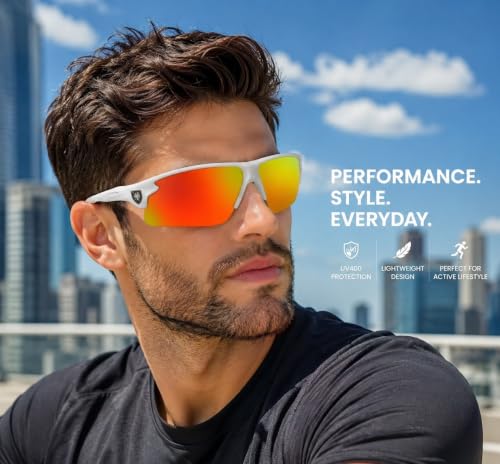 Image of Sports Sunglasses, Orange Lens /White | Full-Coverage UV400 Protection, Hydrophobic Mirrored Lens, Lightweight Shatterproof Design, Mercury