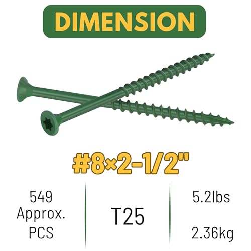 Image of WELLOCKS #8 x 2-1 /2 in Green Deck Screws, 5.2 lbs with T25 Bit | Green Coated Wood Screws for Outdoor Decks, Fences, Patio Projects, and Pressure Treated Lumber.