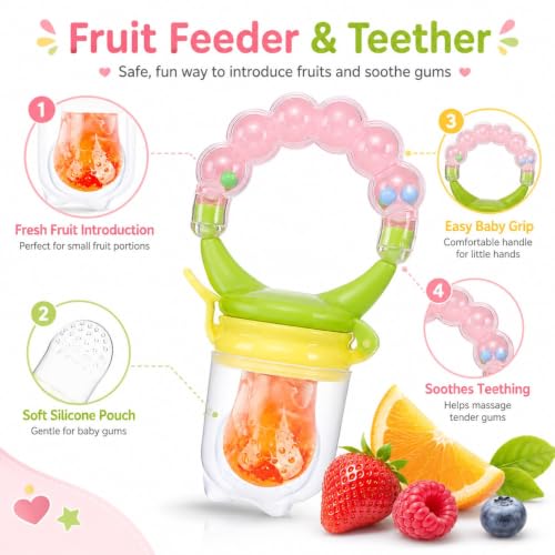 Image of Novo Baby Baby Fruit Feeder - Silicone Food & Fruit Nibbler with Extra Mesh, Soft Pacifier Feeder & Teether for Infants