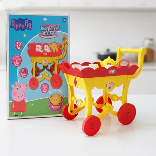Image of Hasbro Peppa Pig Tea Trolley Set - 32 Pcs Pretend Play Kitchen Toy with Electronic Kettle, Lights & Sound - Interactive Pink Tea Cart, Educational Birthday Gift for Kids & Toddlers Age 3+