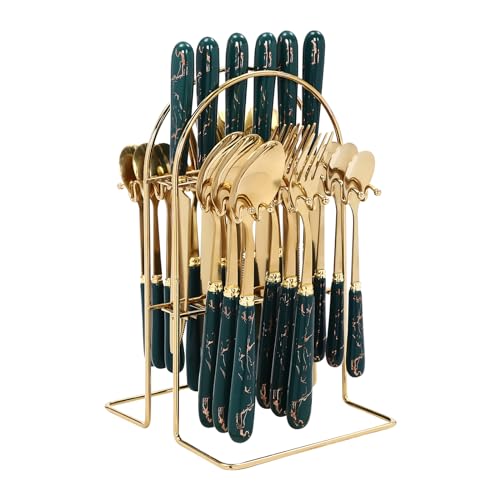 24 Pieces Gold Cutlery Set,Flatware Set Rack,Knife Fork Spoon Hanging Flatware Set,Reusable Easy Clean,Mirror Polished Tableware Set for Home Kitchen (Dark Green)