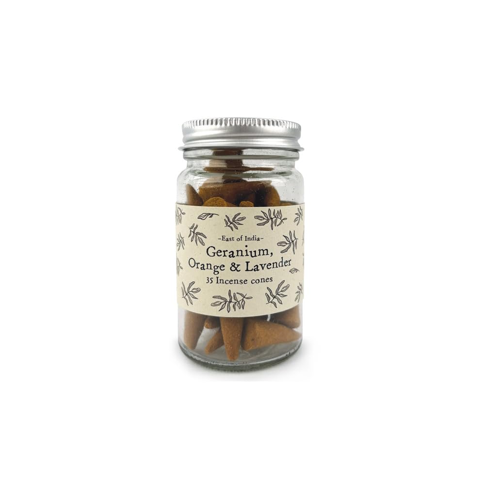 East Of India Brown Jar Of Incense Cones Geranium, Orange & Lavendar Scent (35 Pack) Fragrance For Relaxation Meditation Home And House Décor Aromatherapy