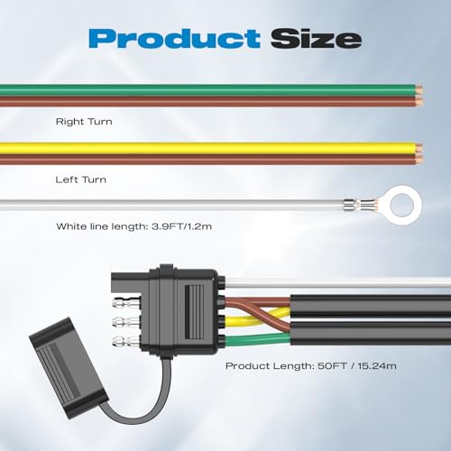 Image of 4 Pin 5 Wire Trailer Wiring Harness Kit, Malictele 50FT 16AWG Core with Jacketed Cable Trailer Light Kit 4 Way Flat 5 Wire Trailer Plug for Rewiring Both-Side Taillights on Trailers RVs and Boats