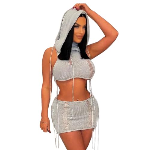 Womens 2 Piece Outfits Sexy Hollow Out Hoodie Crop Tops Hooded Cropped Sweaters Mini Bodycon Skirt Sets