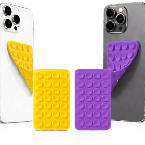 Image of GooseBox Suction Phone Case, Silicone Suction Phone Case for Hands-Free Mobile Accessory Holder Grip, Video Phone Accessory Compatible Mirror, Shower (Yellow & Purple, Pack of 2)