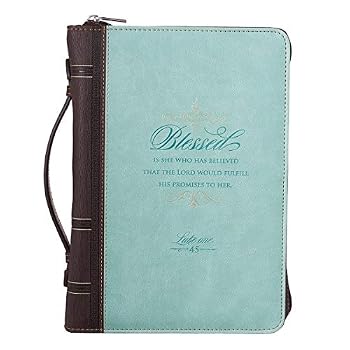 Bible Cover, Blessed Is She, Light Blue and Brown, Medium