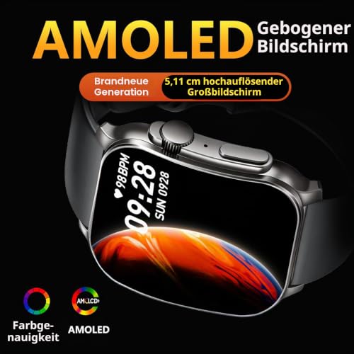 Poounur Smartwatch Herren, 2.01" HD AMOLED Curved-Display, Fitness Tracker – Ansicht 2