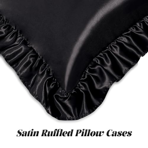 Image of Homiest Black Twin Ruffle Pillowcase & Satin Fitted Sheet Set 2Pcs | Silky Satin Protects Hair And Skin, 15-Inch Deep Pocket, Pearlescent Sleek Dramatic Shine, Easy Machine Wash Care