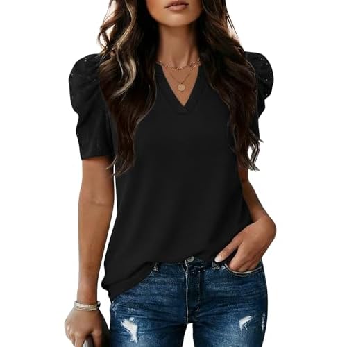 LOMON Spring Summer Tops for Women 2026 V Neck Puff Short Sleeve Tops Fashion Trendy Work Blouses Dressy Casual S-XXL