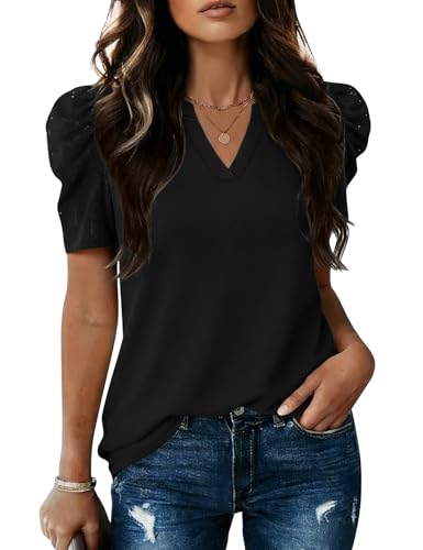 Image of LOMON Spring Summer Tops for Women 2026 V Neck Puff Short Sleeve Tops Fashion Trendy Work Blouses Dressy Casual S-XXL
