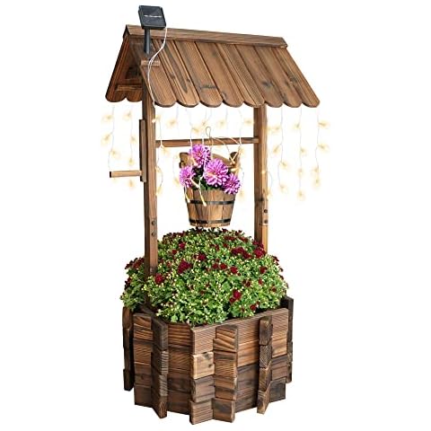 Notume Wooden Wishing Wells for Outdoors with Solar Light Strip, Wishing Well Planters Also Add Splendor to Your Yard at Nightt, Brown Cover