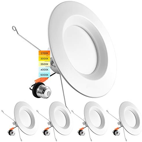 LUXRITE 5/6 Inch LED Recessed Retrofit Downlight, 14W=90W, CCT Color Selectable 2700K | 3000K | 3500K | 4000K | 5000K, Dimmable Can Light, 1100 Lumens, Wet Rated, Energy Star, Smooth Trim (4 Pack)
