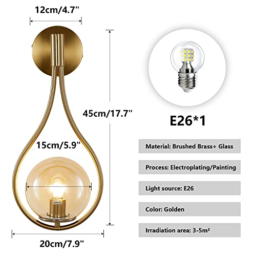 Image of KCO Lighting Glass Globe Wall Mounted Sconce Gold Teardrop Wall Sconce Vintage Cordless Sconces Wall Lighting for Stairwell Bathroom Bedroom (Gold + Amber)