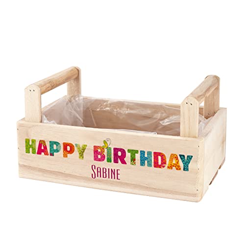 Herz & Heim® Geburtstags-Geschenk Holzkiste zu Bepflanzung mit Personalisierung als Geschenkverpackung Happy Birthday