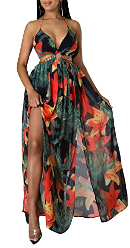 Image of Qikaka Women's Sleeveless Deep V Neck Floral Printed Metal Chain Bodycon Sexy Nightclub Party Boho Dress