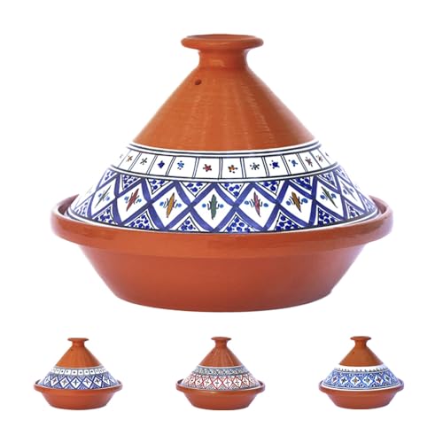Kamsah Tagine Pot for Cooking and Flavor Enrichment - Medium Clay Pot 10”, 3.1 QT - Non-Stick Handmade Cookware - Moroccan Ceramic Pots for Cooking with Lid & Serving Bowl - Bohemian Classic Blue