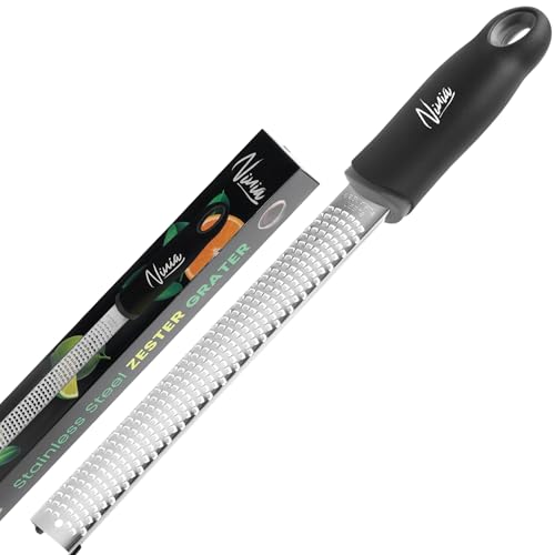 NINIA Citrus Zester with Finger Protectors Premium Stainless Steel Cheese Grater for Kitchen Lemon Garlic Chocolate Nutmeg and Cheese Shredder