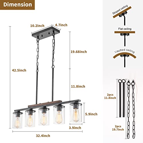 Alynzee ZP041 Dining Room Light Fixture,5-Light Kitchen Island Lighting Farmhouse Chandeliers For Dining Room With Clear Glass Shade Rustic Wood Chandelier Kitchen Pendant Light Fixtures Over Table,Black Metal thumb #2