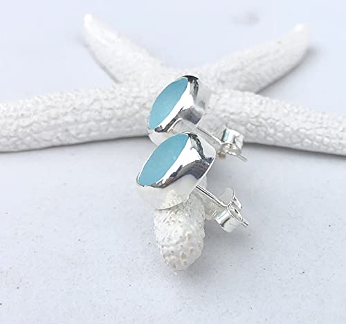 Sea Stamped Sky Blue Sea Glass Stud Earrings-Sterling Silver Bezel Beach Glass Earrings-Mermaid Earrings For Women-Ocean Earrings-Gift For Beach Lovers #TOP3