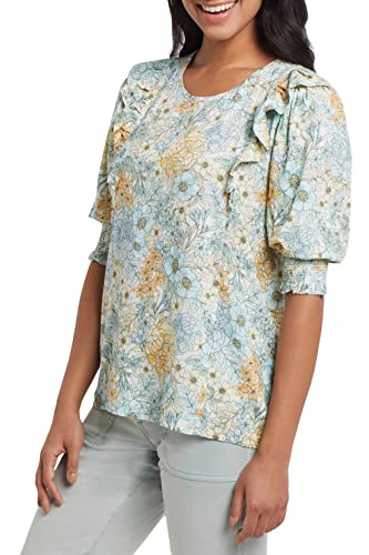 Tribal Womens Tribal Elbow Slv W/ Frill And Elastic Shirring-Pampas Blouse, Pampas, Medium Us #TOP3
